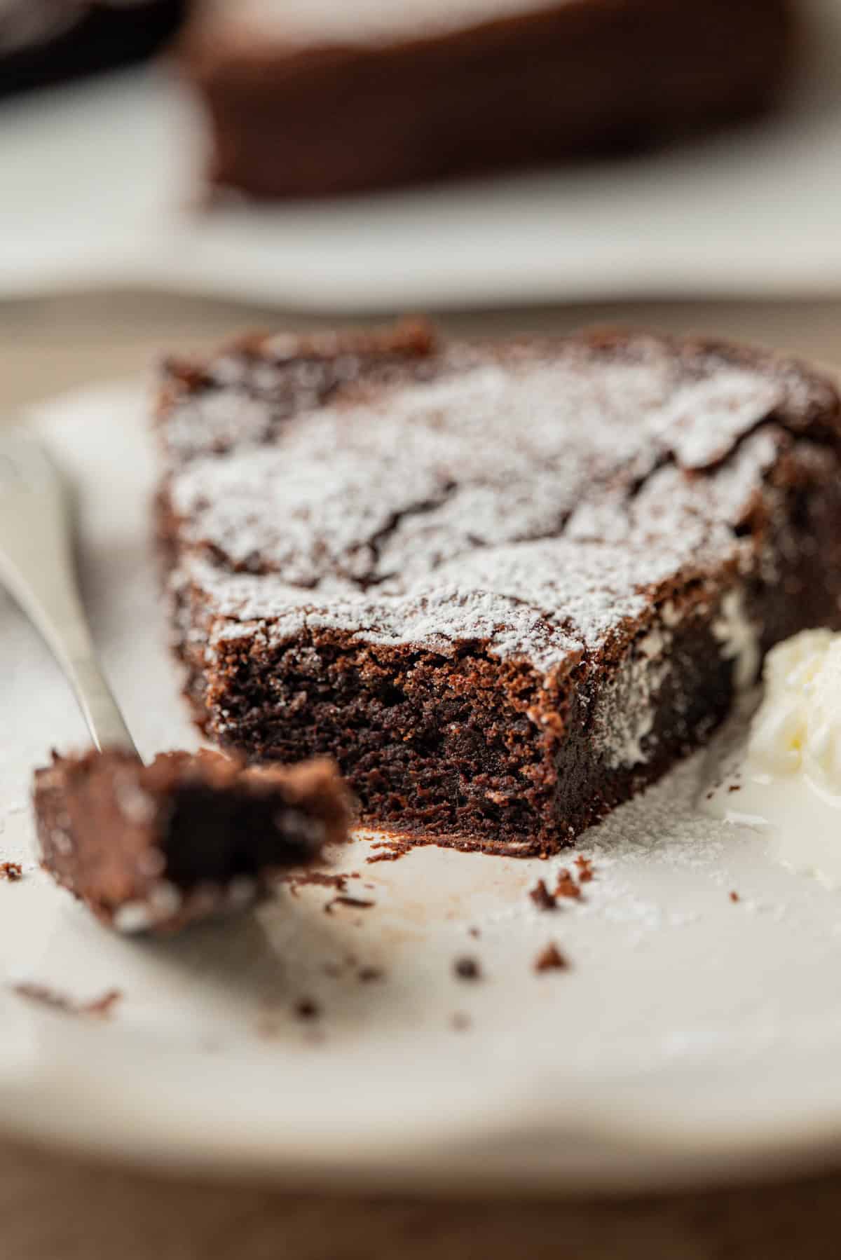 A close-up of a slice of chocolate cake topped with powdered sugar on a white plate, with a fork holding a small bite next to it.