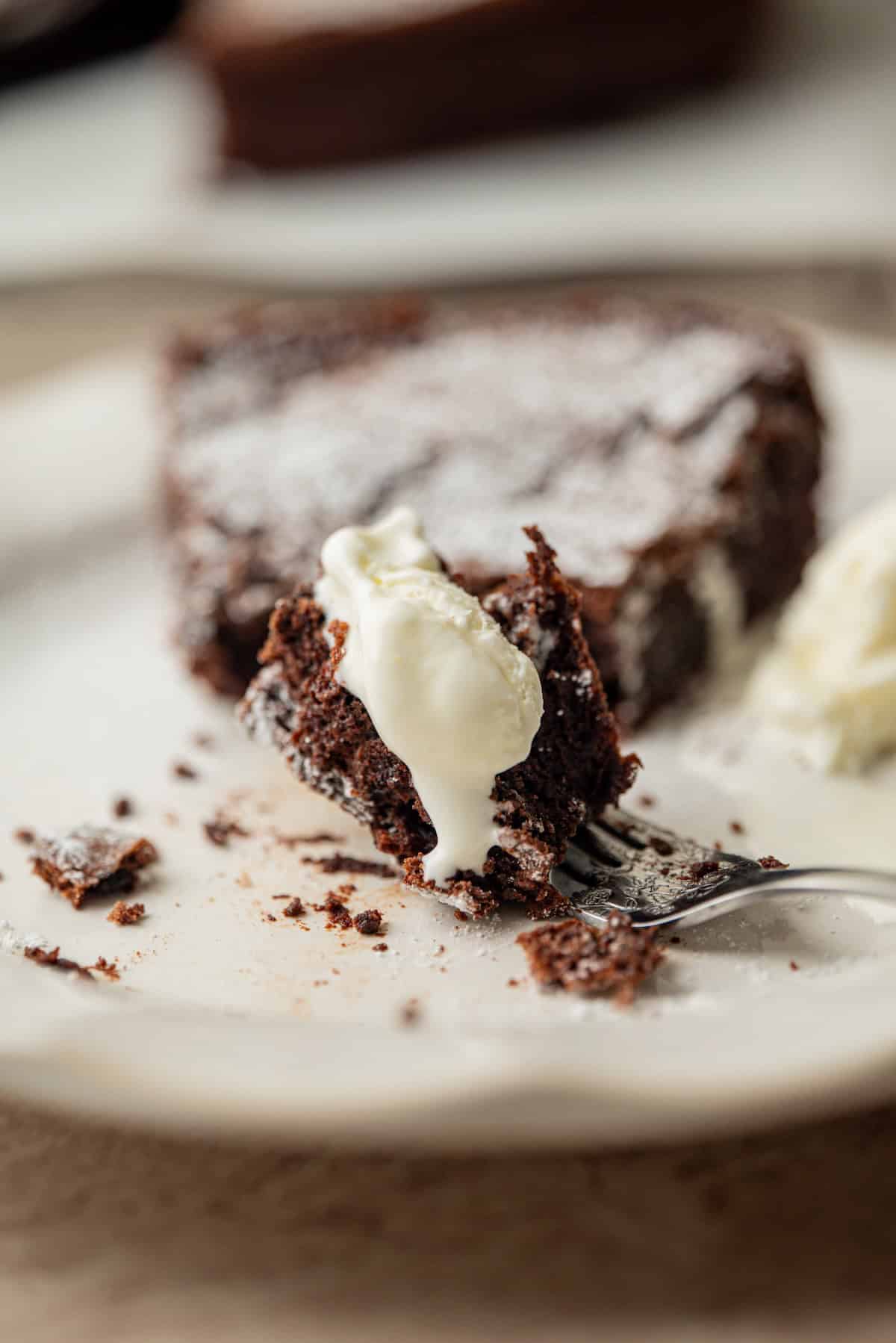 A close-up of a slice of chocolate cake with powdered sugar, served with a scoop of vanilla ice cream on a plate. A fork holds a bite of cake topped with melting ice cream.