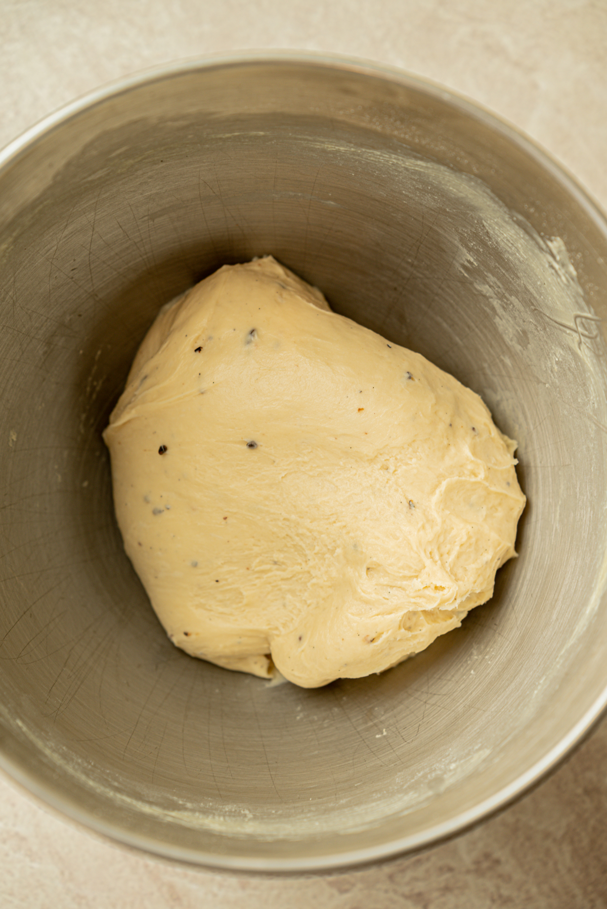 A ball of raw dough with visible specks is resting in a large stainless steel mixing bowl on a light-colored countertop.